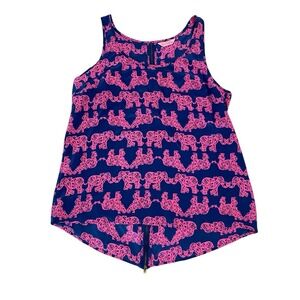 Lilly Pulitzer Silk Tank Top Pack Your Trunk Elephant Navy Pink Zipper Back Med